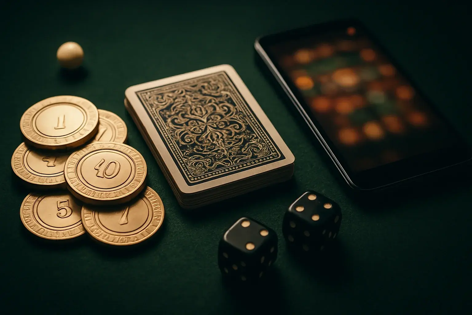 Top-down casino table with gold chips, cards, dice, roulette ball, smartphone